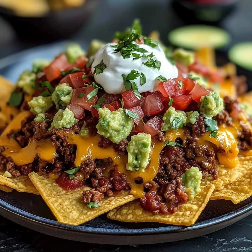 Delicious loaded beef nachos with melted cheese and fresh toppings