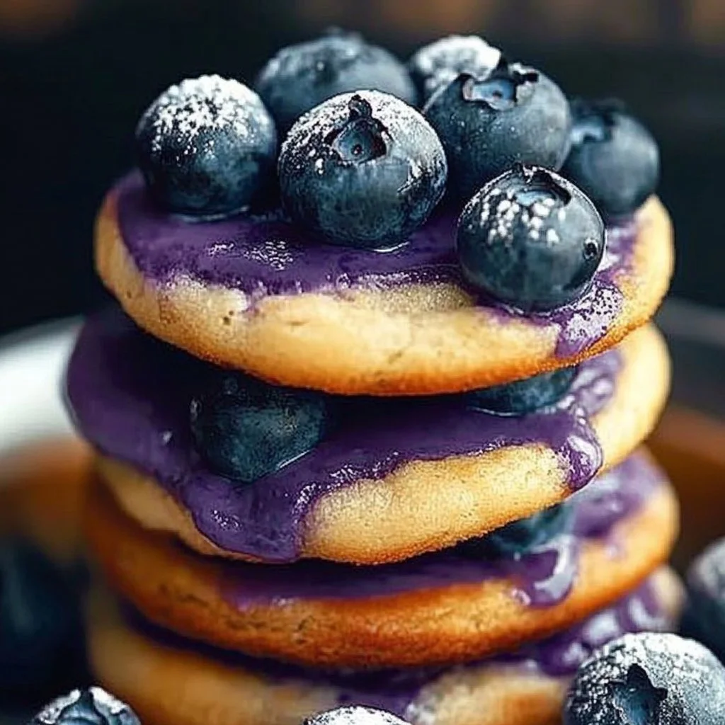 Freshly baked blueberry cookies on a cooling rack