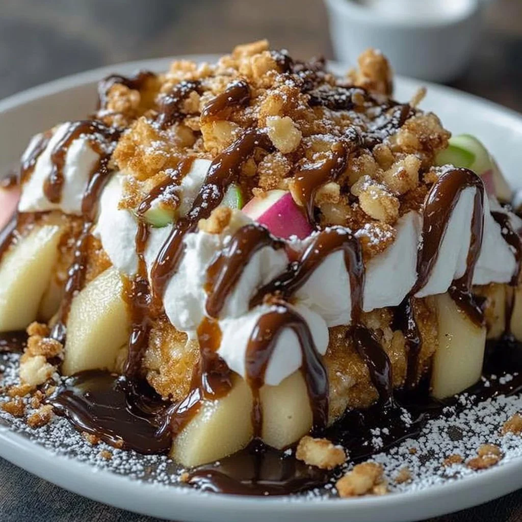 Delicious caramel apple nachos topped with chocolate and nuts.