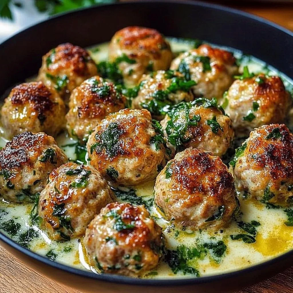 Plate of Chicken Ricotta Meatballs served with marinara sauce and herbs