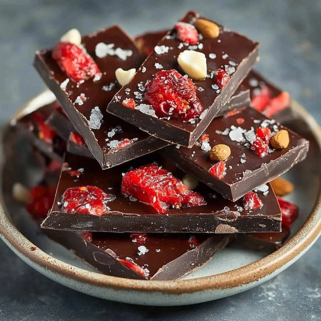Delicious chocolate strawberry bark topped with fresh strawberries
