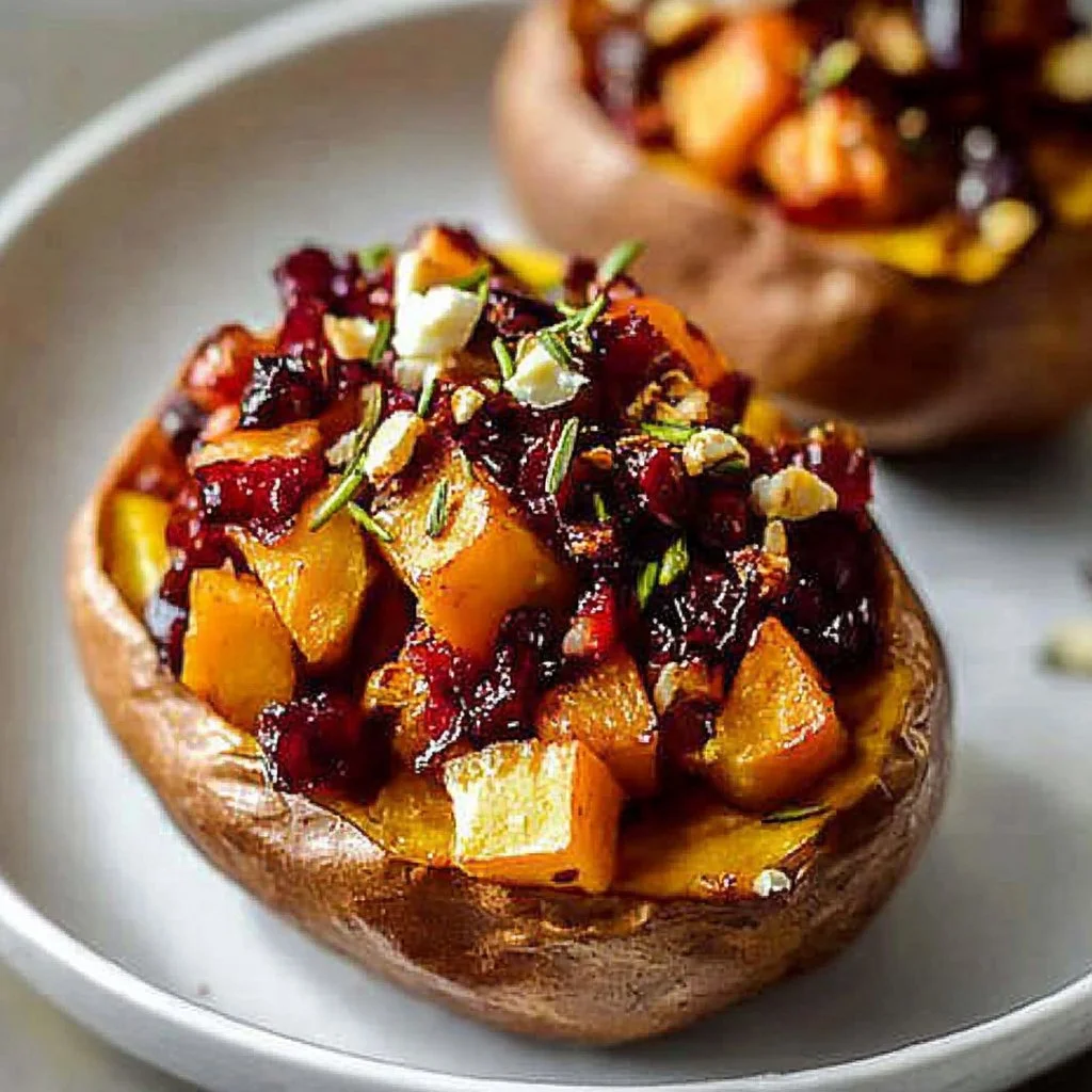 Cranberry Apple Twice-Baked Sweet Potatoes served on a plate