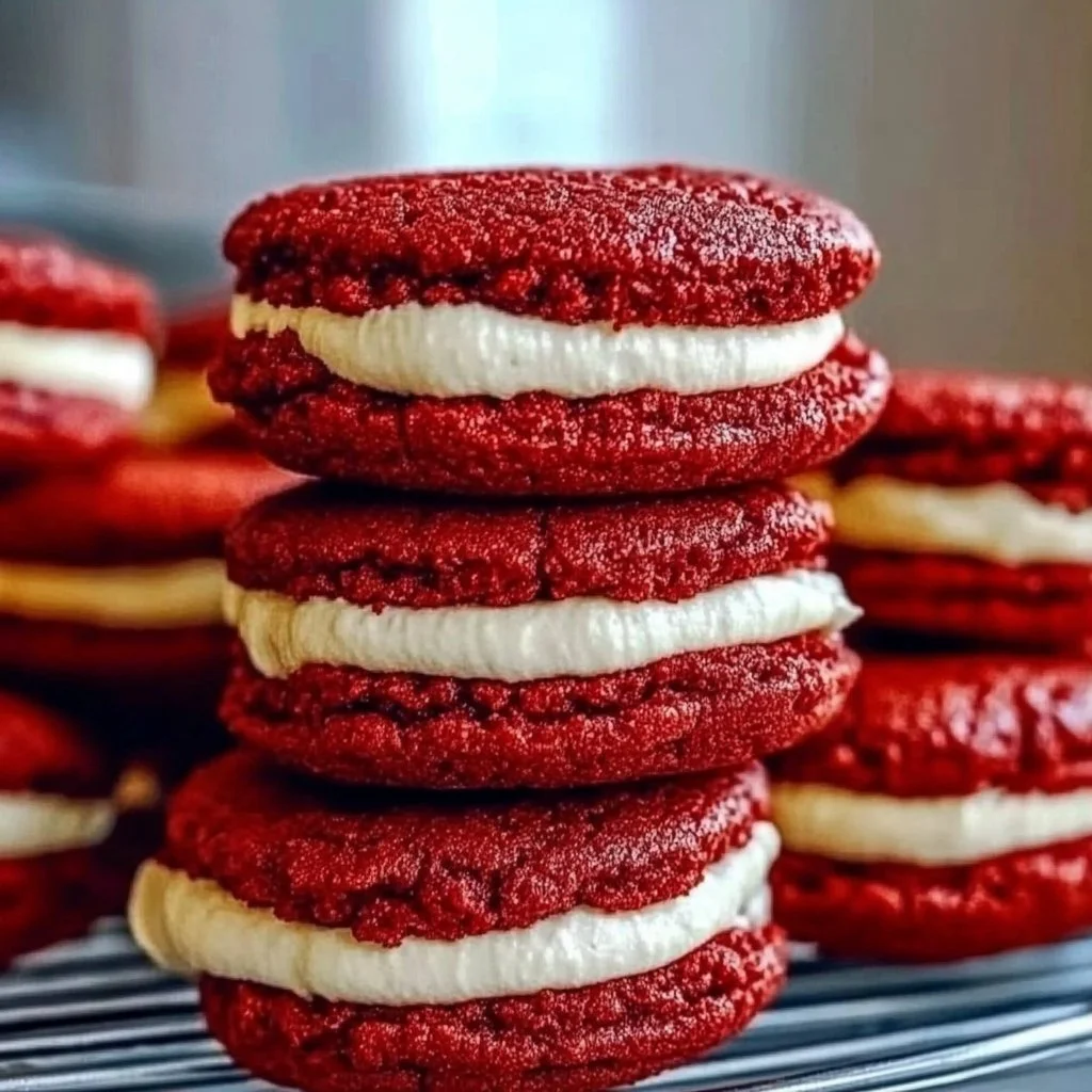 Cream cheese filled red velvet cookies served on a baking tray