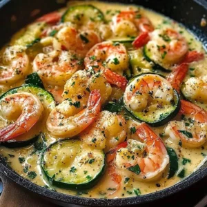 Delicious creamy shrimp and zucchini skillet dish served in a frying pan