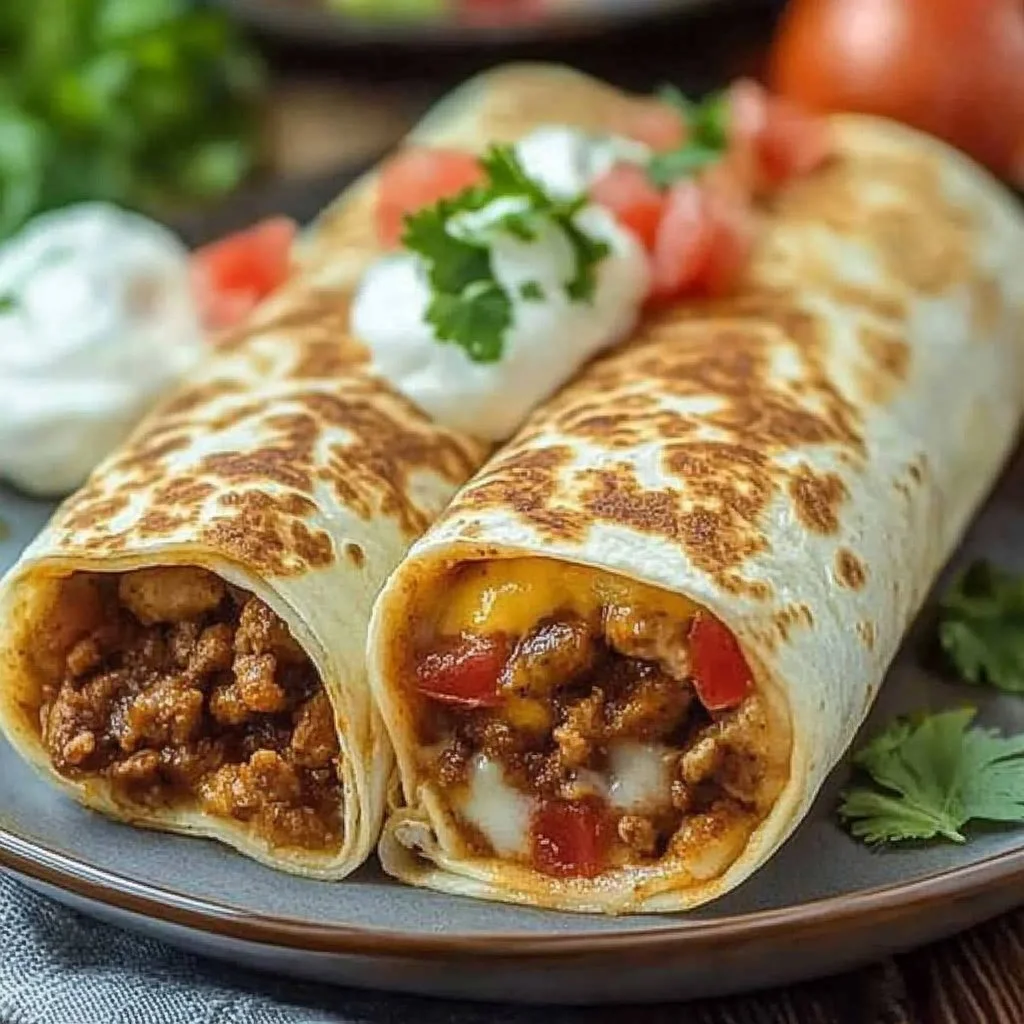 Delicious crispy chicken chimichangas served with toppings