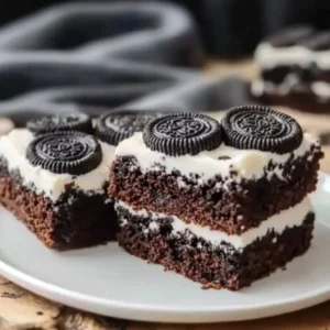 Deliciously decadent Oreo brownies with cookie pieces and chocolate frosting