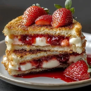 Fried strawberry cheesecake sandwiches served with strawberry sauce