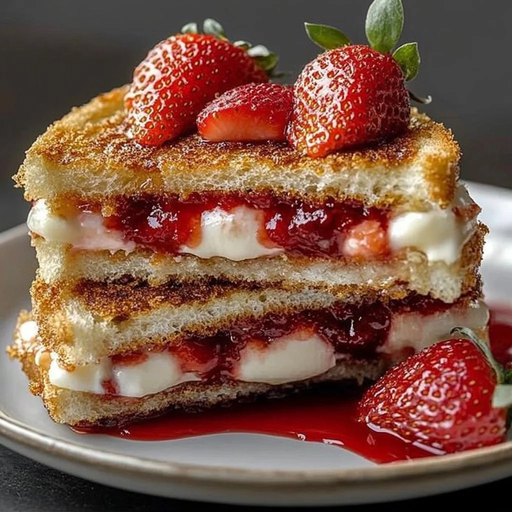 Fried strawberry cheesecake sandwiches served with strawberry sauce