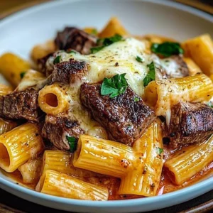 Delicious Garlic Butter Steak Tips served with cheesy rigatoni