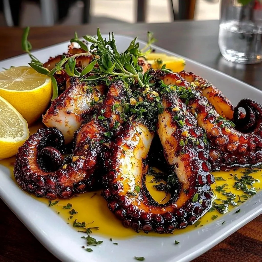 Delicious grilled Mediterranean octopus garnished with fresh herbs and lemon