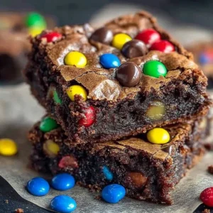 Delicious Monster Cookie Fudgy Brownies stacked on a plate