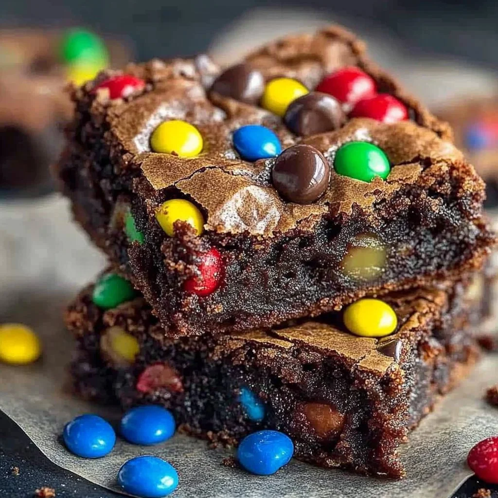 Delicious Monster Cookie Fudgy Brownies stacked on a plate
