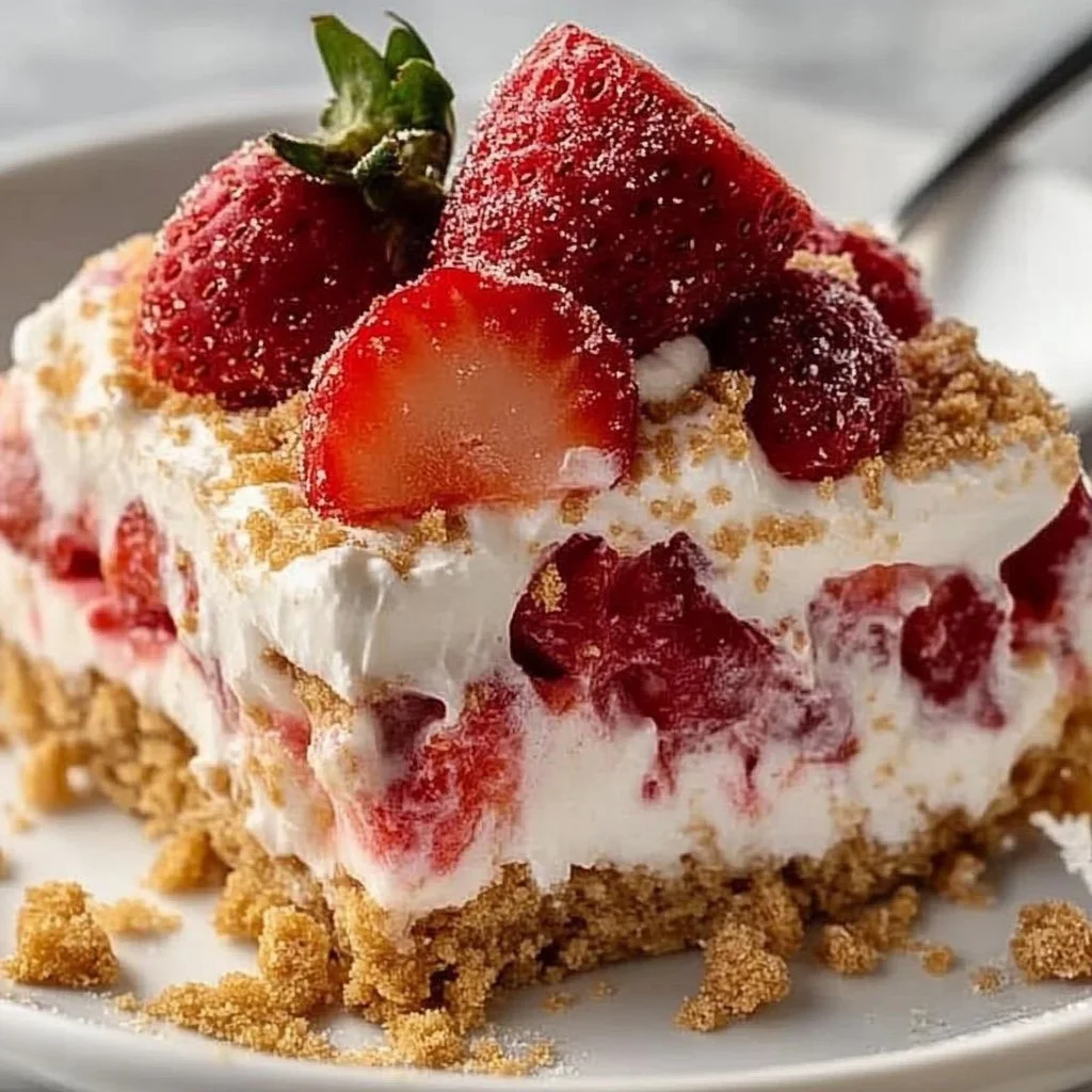 No-Bake Strawberry Cheesecake Lasagna dessert with layers of strawberries and cheesecake