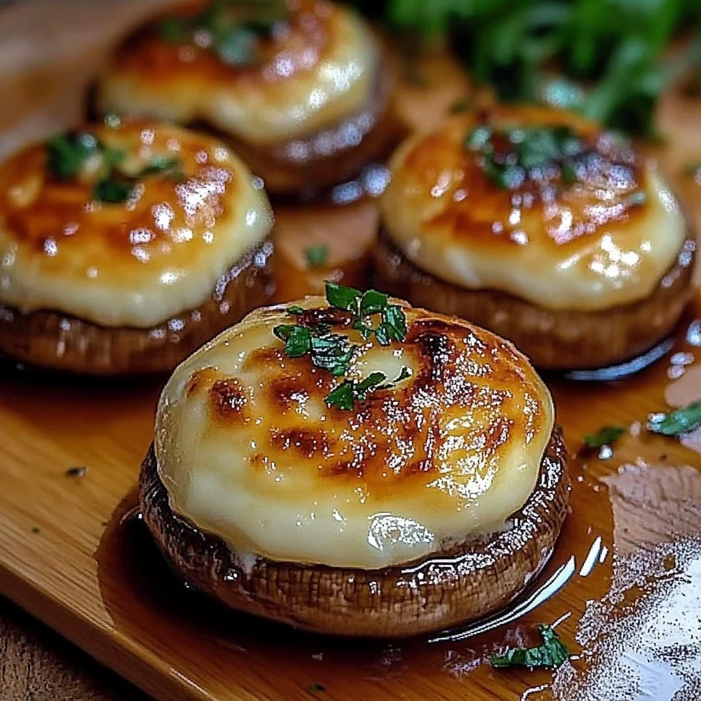 Savory stuffed mushrooms filled with caramelized onions and Gruyère cheese