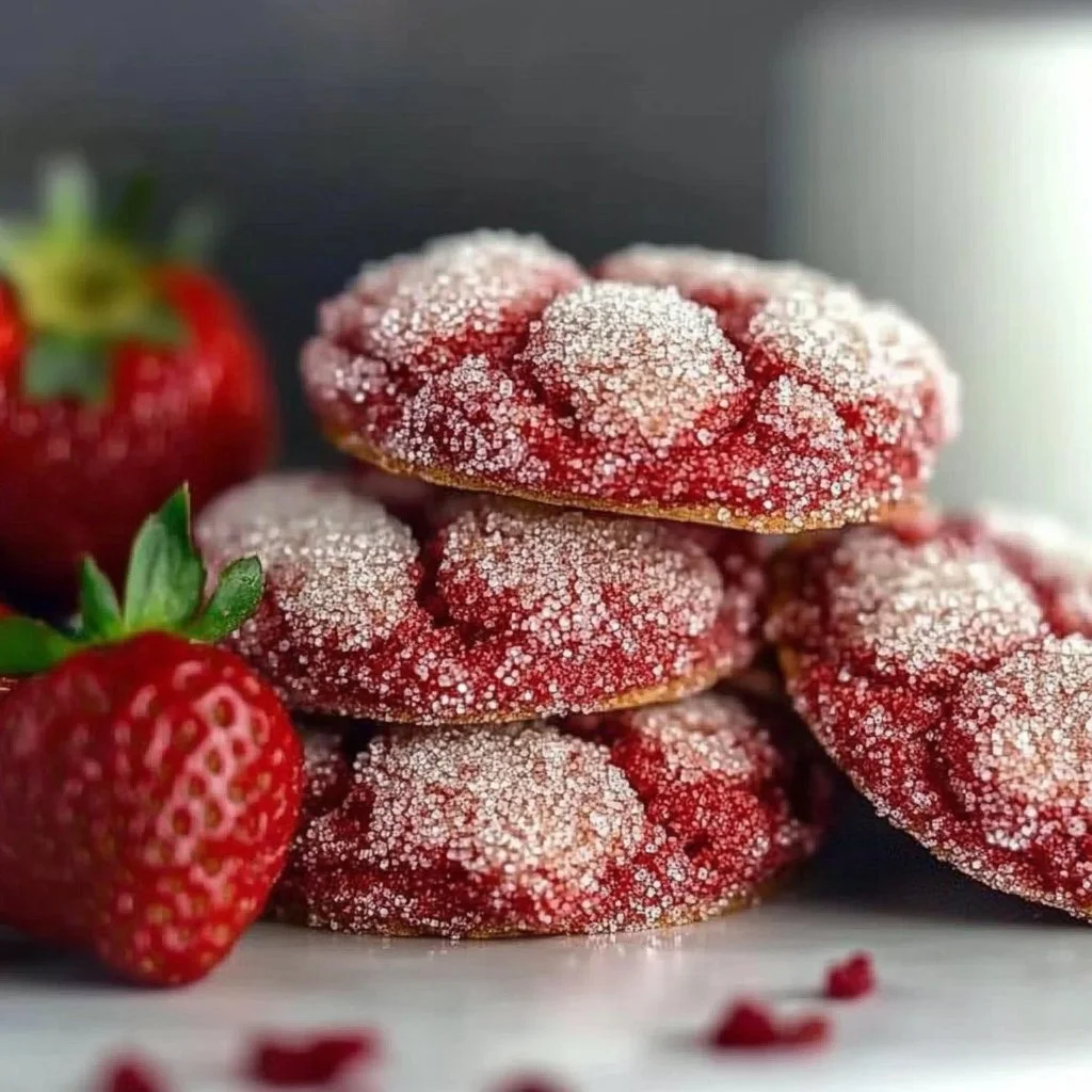 Freshly baked strawberry sugar cookies with sparkling strawberry sugar on top.