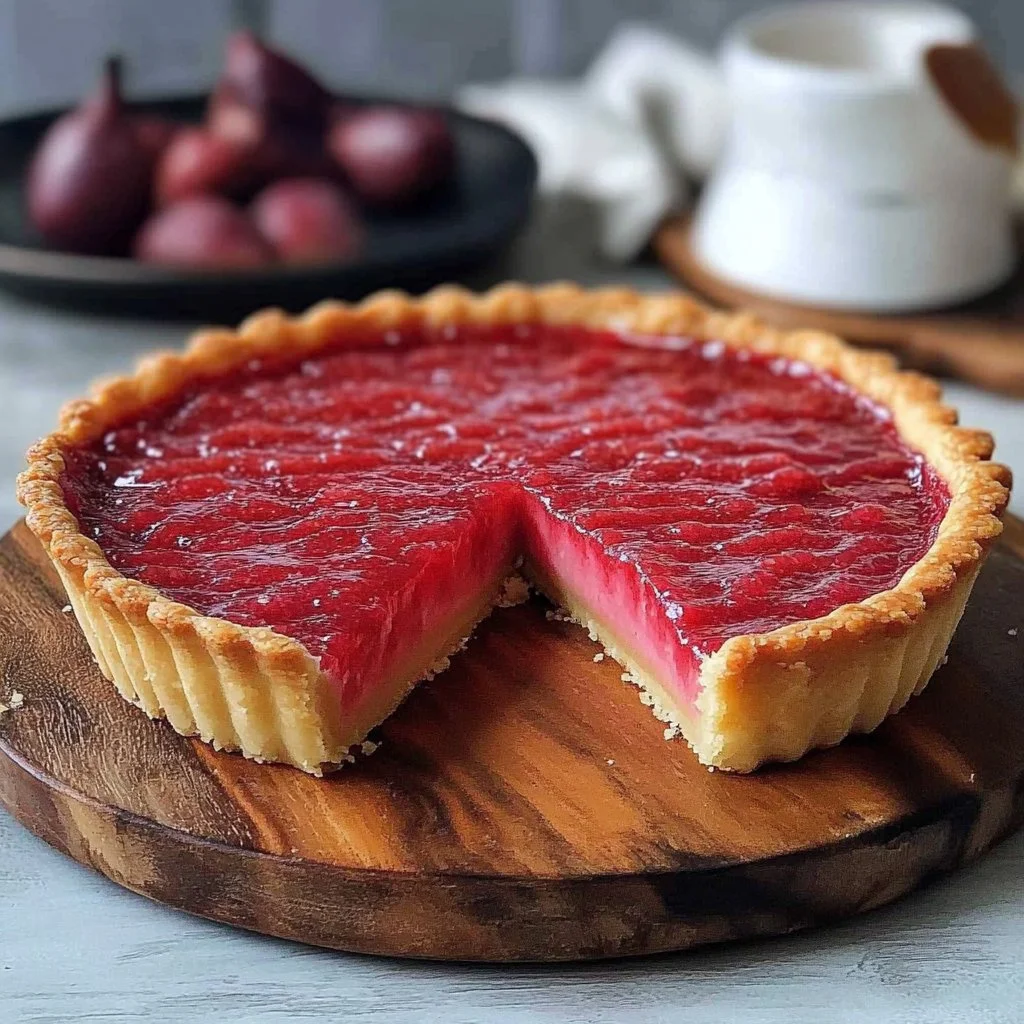 Delicious homemade rhubarb custard tart with a golden crust and fresh toppings.