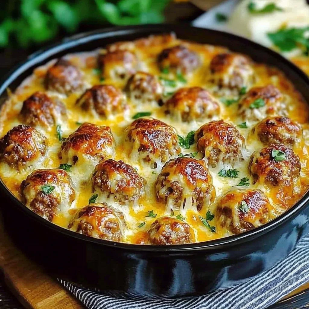 Delicious meatball casserole with melted cheese and herbs