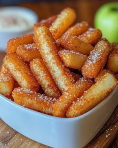 Delicious air fryer apple fries served with a cinnamon dip.
