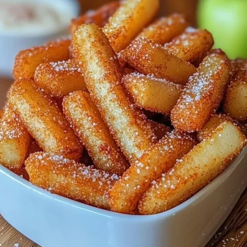 Delicious air fryer apple fries served with a cinnamon dip.