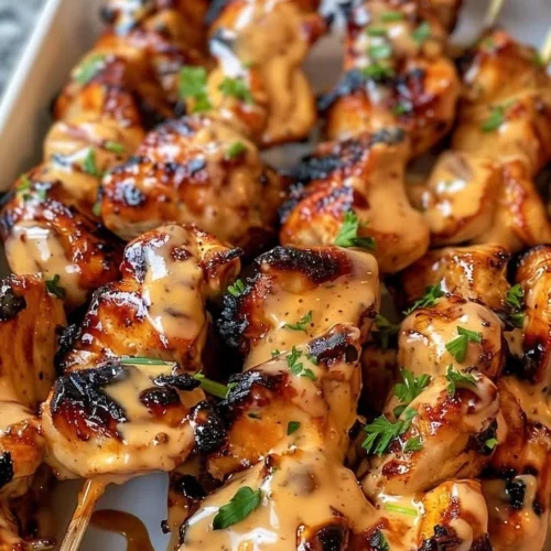 Air Fryer Bang Bang Chicken Skewers plated with dipping sauce