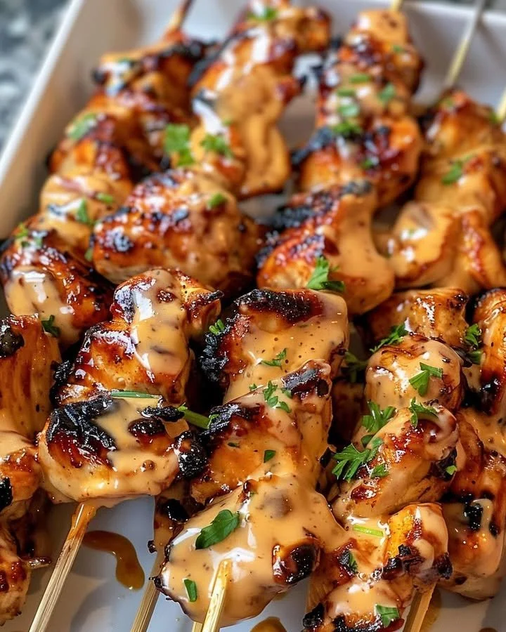 Air Fryer Bang Bang Chicken Skewers plated with dipping sauce
