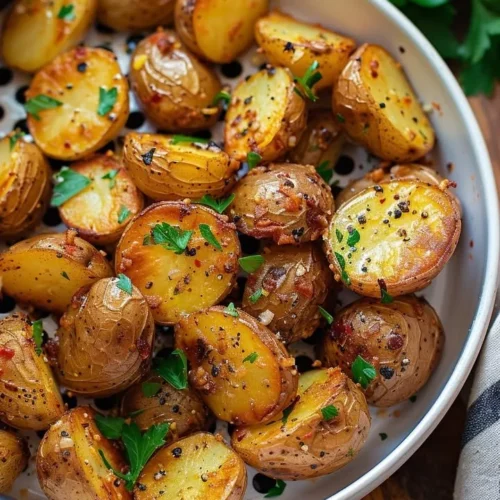 Crispy air fryer mustard roast potatoes served with a fresh herb garnish.