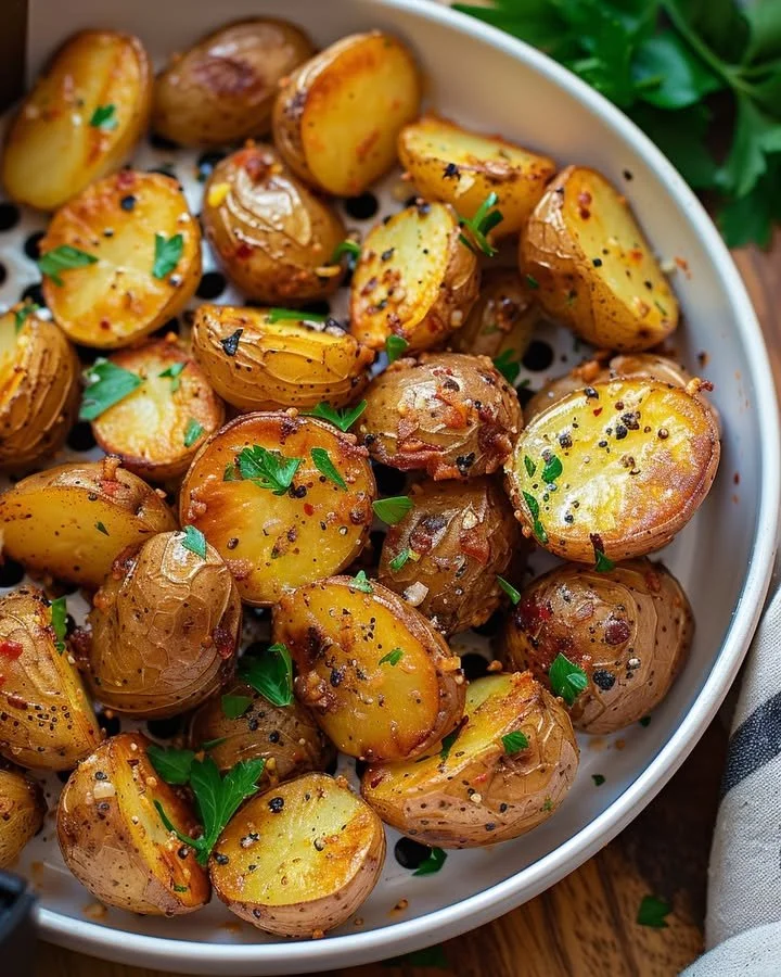Crispy air fryer mustard roast potatoes served with a fresh herb garnish.