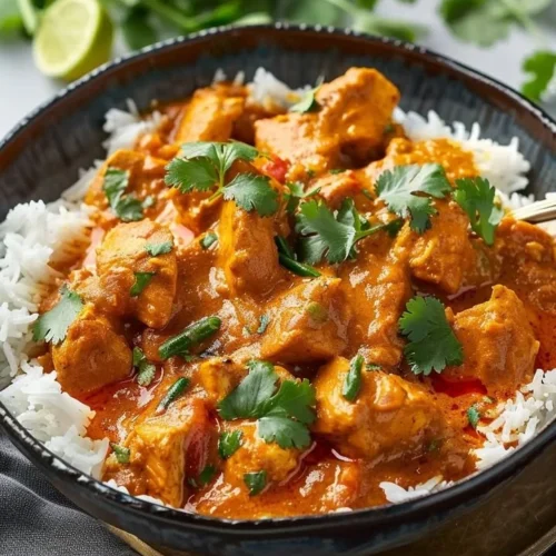 Bowl of aromatic Indian Chicken Curry with creamy coconut and spices