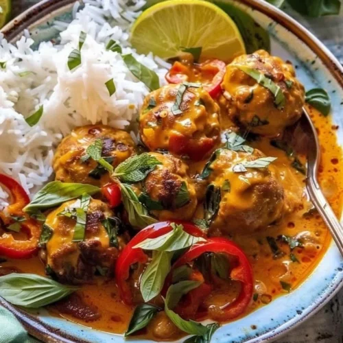 Asian-Style Chicken Meatball Curry served in a bowl with fresh herbs