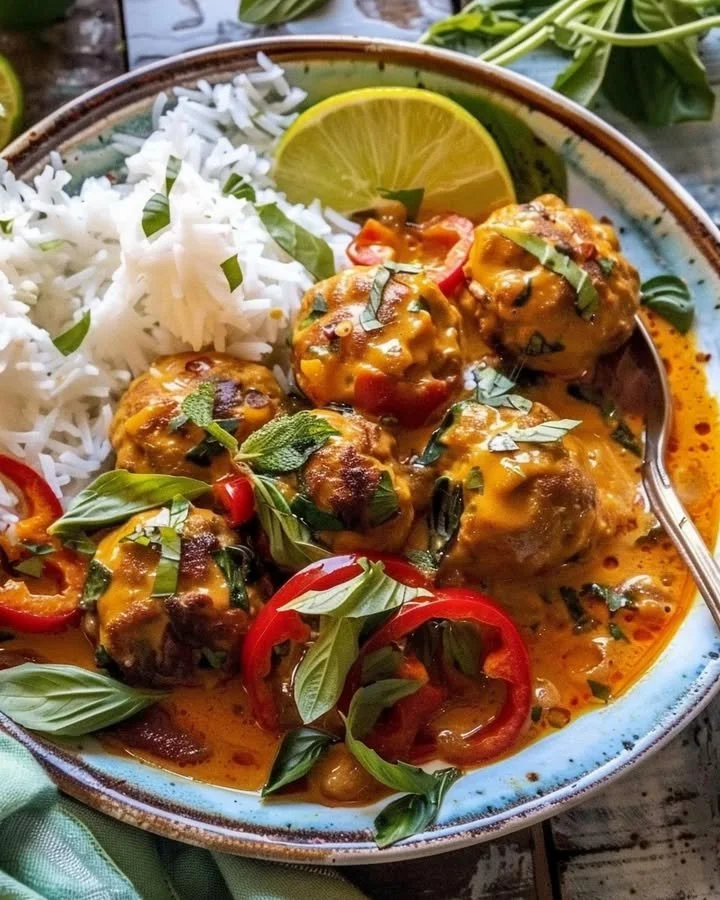 Asian-Style Chicken Meatball Curry served in a bowl with fresh herbs