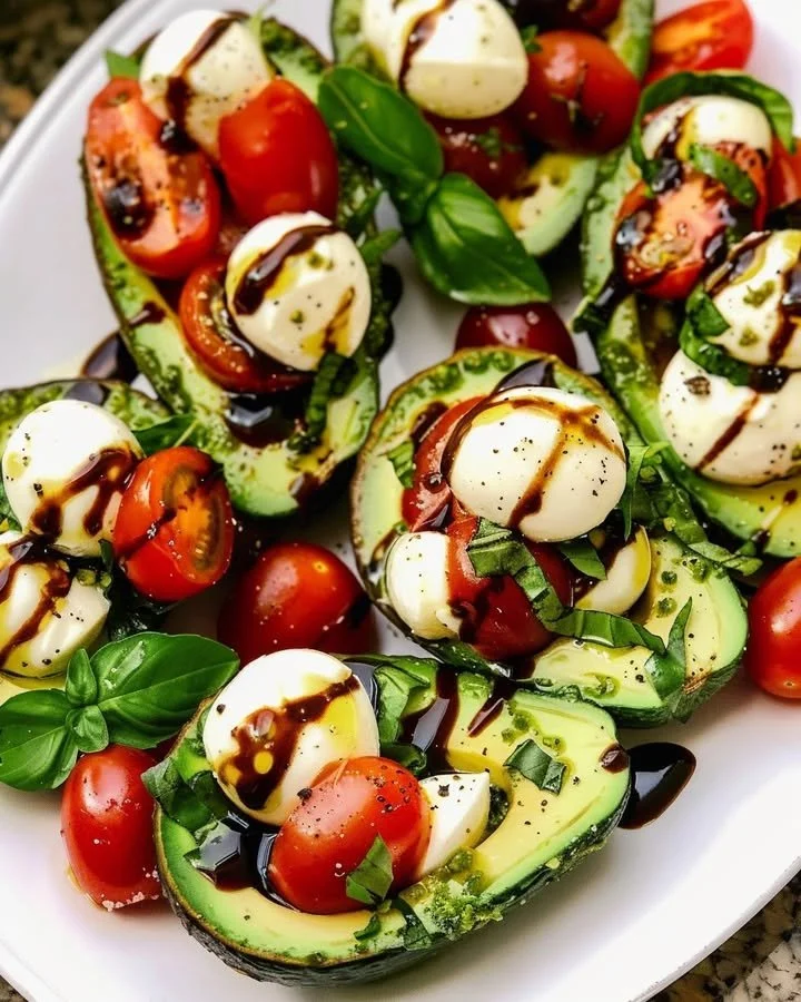 Delicious Avocado Caprese Boats filled with tomatoes and mozzarella