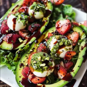 Fresh Avocado Strawberry Salad with greens and vibrant fruits.