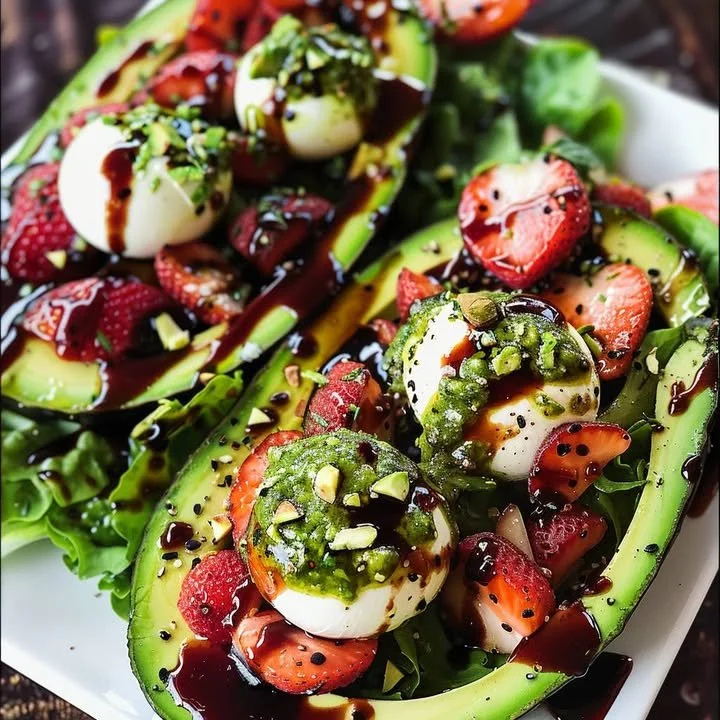 Fresh Avocado Strawberry Salad with greens and vibrant fruits.