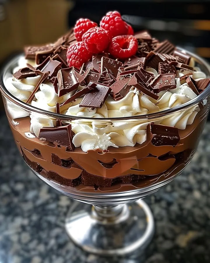 Baileys chocolate cheesecake trifle with layers of chocolate and creamy cheesecake