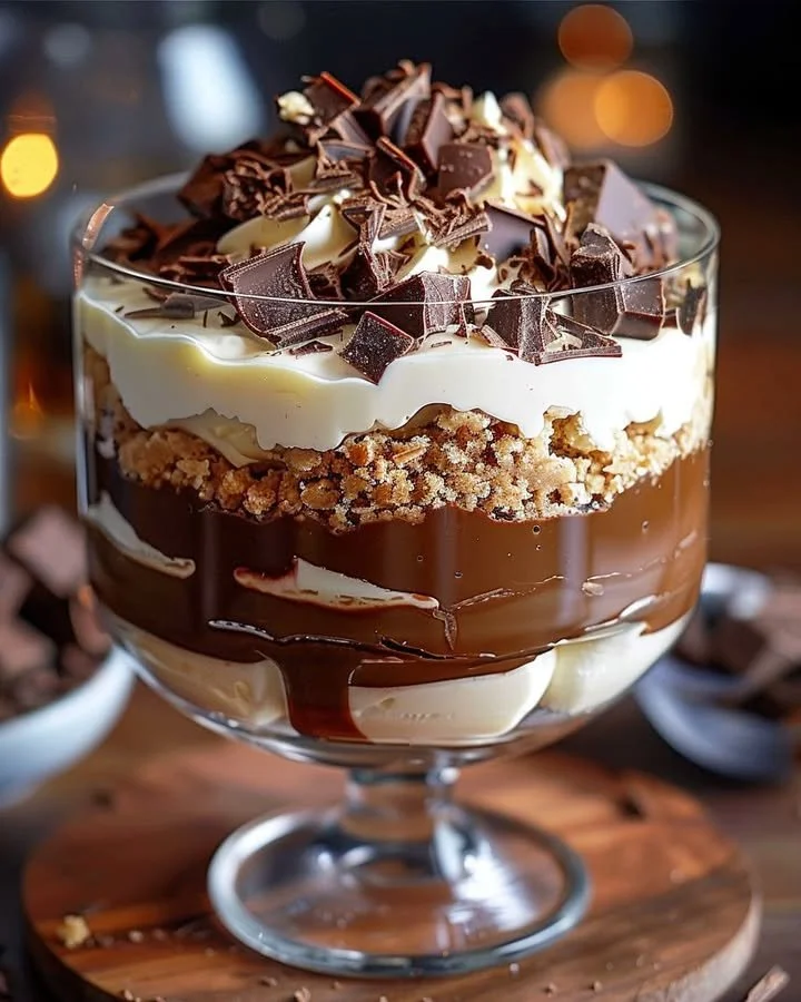 Baileys infused chocolate cheesecake trifle dessert in a glass dish