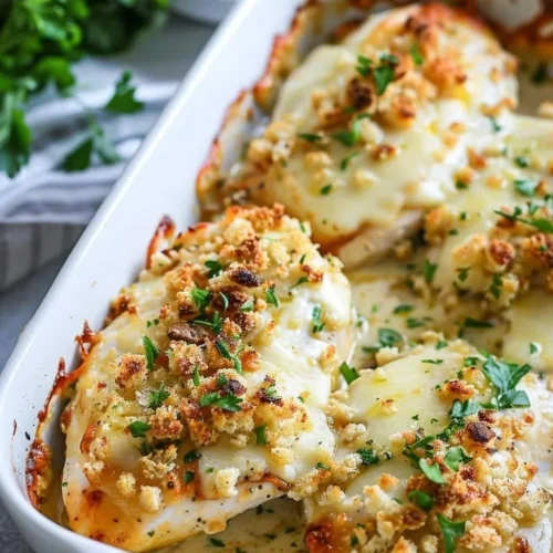 Delicious Baked Caesar Chicken on a plate garnished with Parmesan cheese.