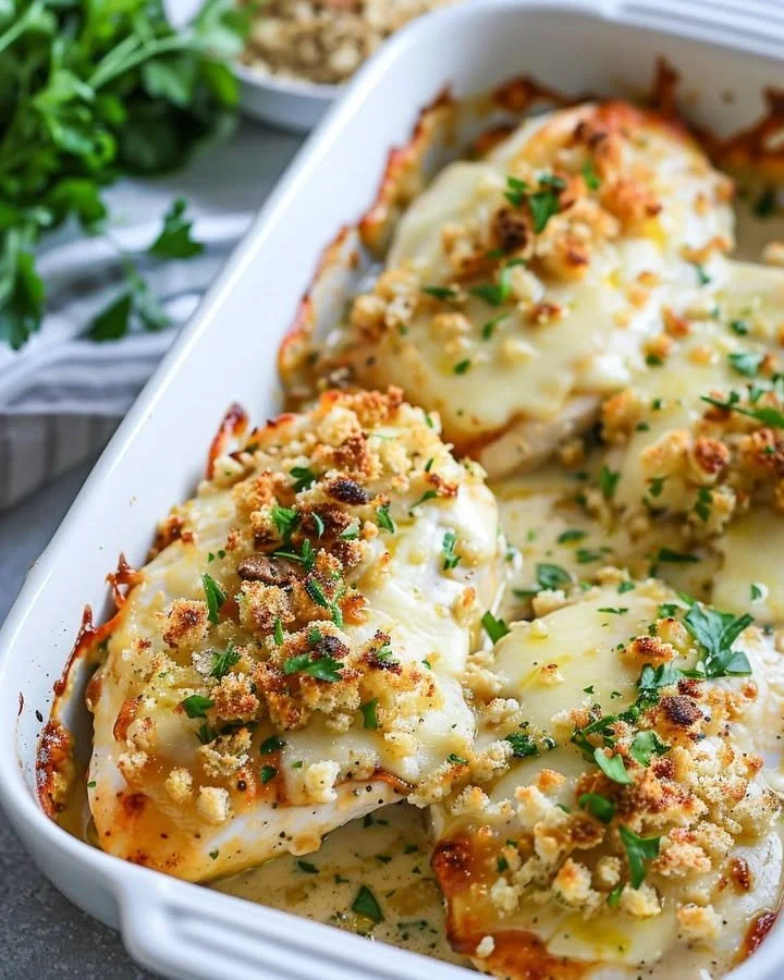 Delicious Baked Caesar Chicken on a plate garnished with Parmesan cheese.