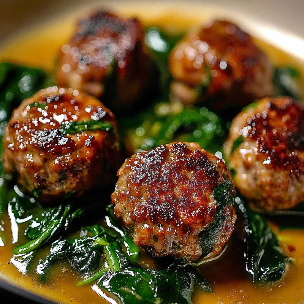 Baked chicken meatballs with ricotta and spinach Alfredo sauce served on a plate.