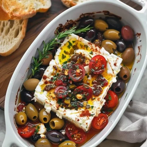 Baked feta cheese with olives and tomatoes, a flavorful appetizer dish