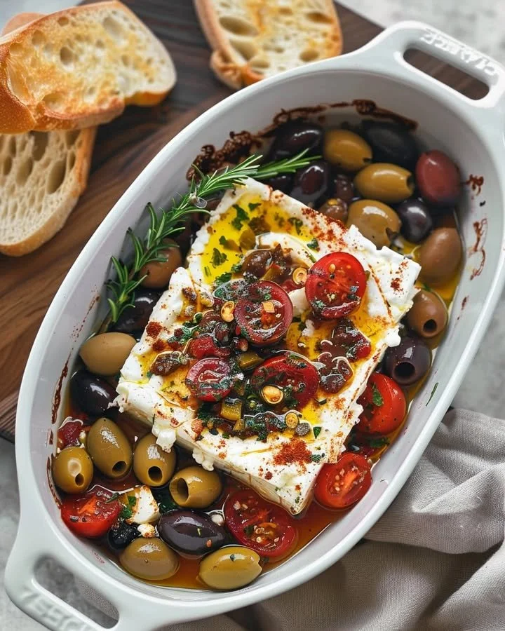 Baked feta cheese with olives and tomatoes, a flavorful appetizer dish