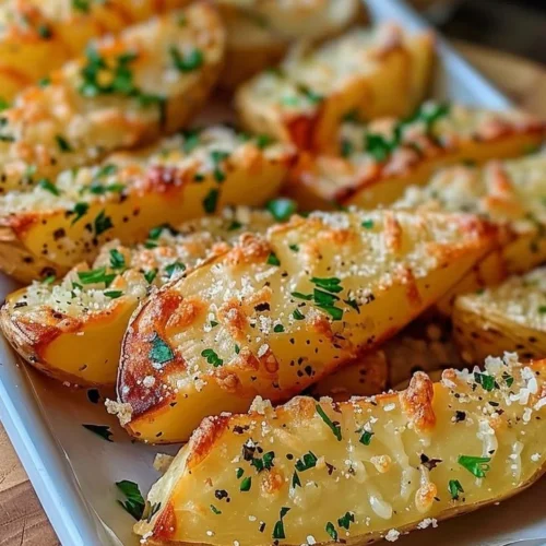 Baked garlic parmesan potato wedges garnished with parsley on a plate