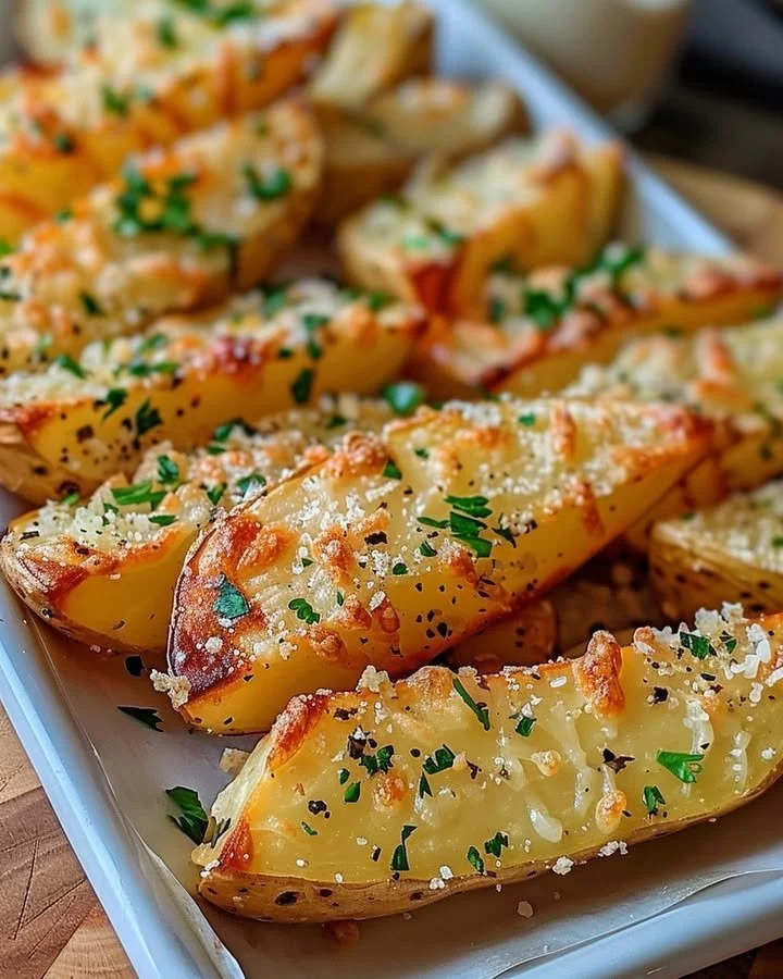 Baked garlic parmesan potato wedges garnished with parsley on a plate