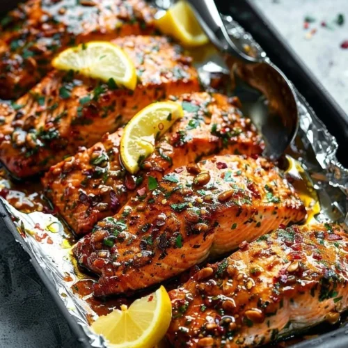 Baked honey garlic salmon served on a plate with vegetables