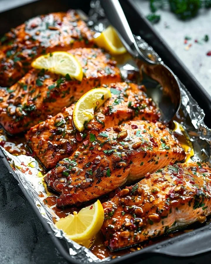 Baked honey garlic salmon served on a plate with vegetables