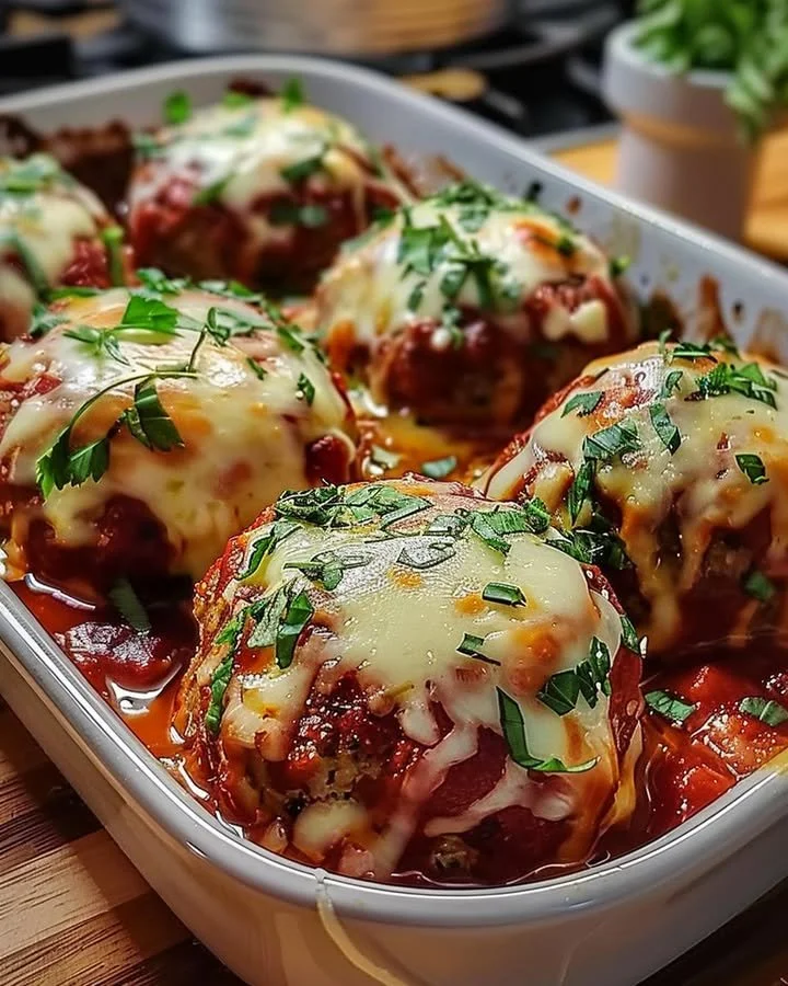 Baked mozzarella stuffed meatballs fresh out of the oven, gooey cheese inside.