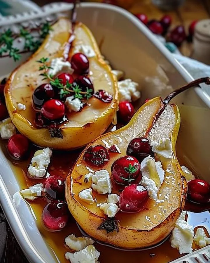 Delicious baked pears topped with feta cheese, honey, and cranberries