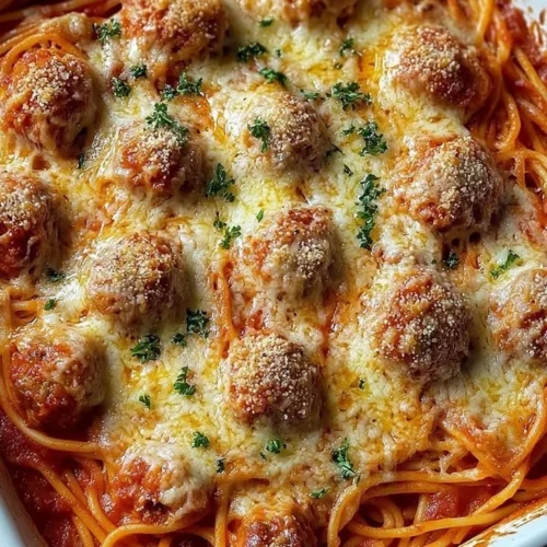 Baked spaghetti meatballs served in a casserole dish topped with cheese