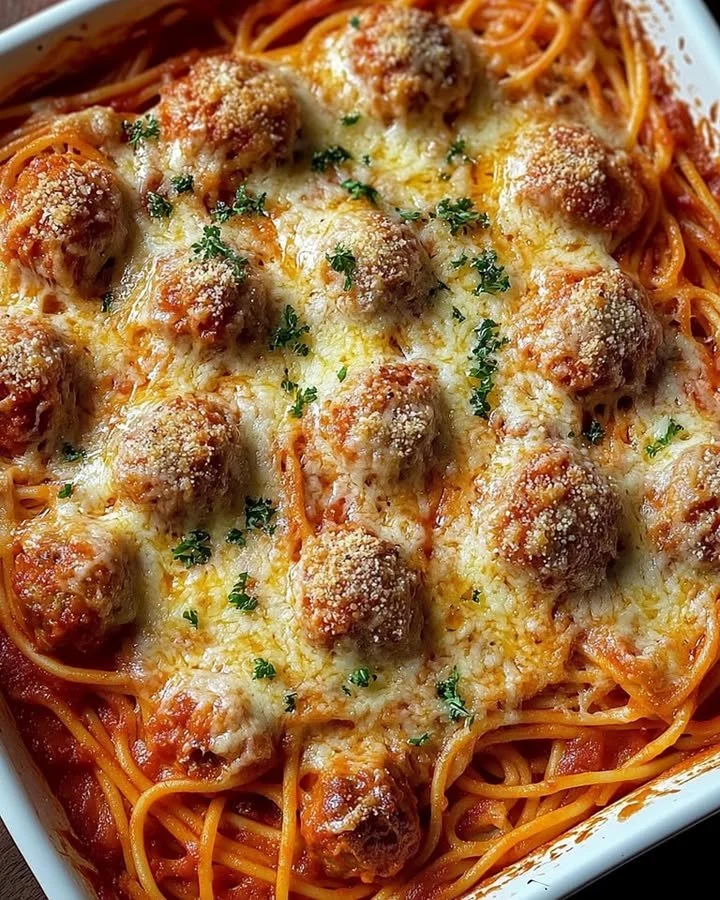 Baked spaghetti meatballs served in a casserole dish topped with cheese