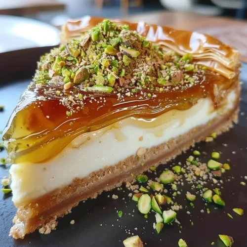 Delicious Baklava Cheesecake topped with nuts and honey on a plate
