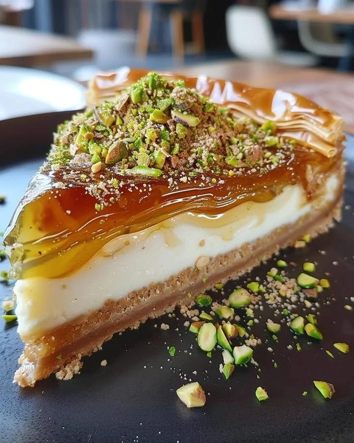 Delicious Baklava Cheesecake topped with nuts and honey on a plate